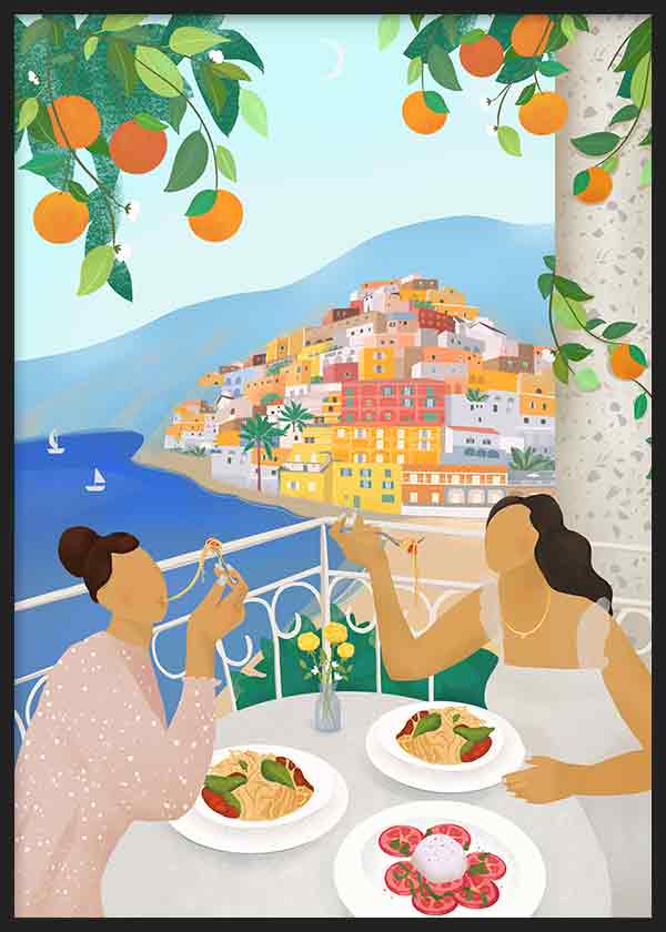 Cuadro de escena mediterránea con dos mujeres en terraza, mar azul, pueblo de Positano, naranjos colgantes y casas en tonos pastel, de estilo ilustración. Disponible en kudeko.com
