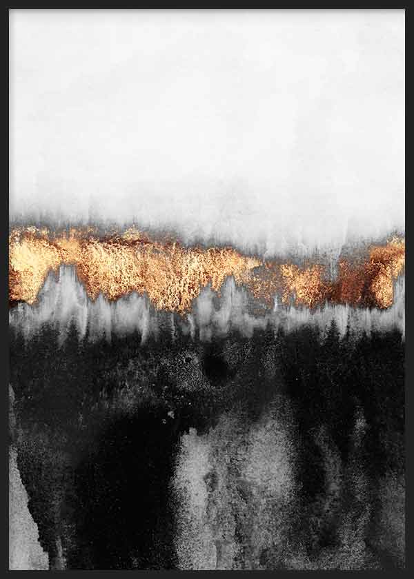 Cuadro con composición abstracta de manchas negras y grises difuminadas, con franja central dorada en acabado visual metálico y estilo abstracto. Disponible en kudeko.com