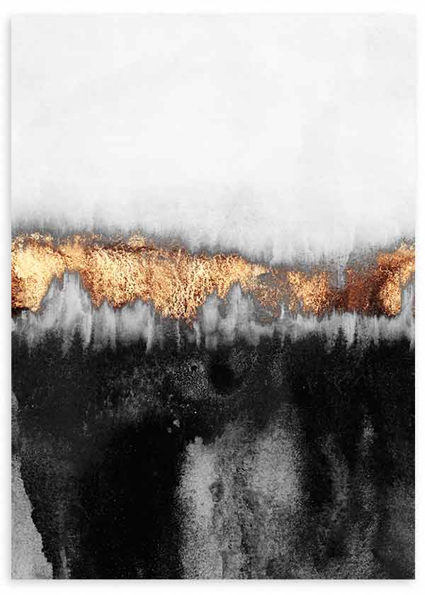 Tableau avec composition abstraite de taches noires et grises estompées, bande centrale dorée cuivrée, style contemporain et palette neutre pour décoration murale. Disponible sur kudeko.com