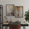 Cuadro con composición abstracta en dorado, beige, blanco roto y marrón, con texturas irregulares, contrastes suaves y estética elegante de estilo abstracto. Disponible en kudeko.com