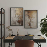 Cuadro con composición abstracta en dorado, beige, blanco roto y marrón, con texturas irregulares, contrastes suaves y estética elegante de estilo abstracto. Disponible en kudeko.com