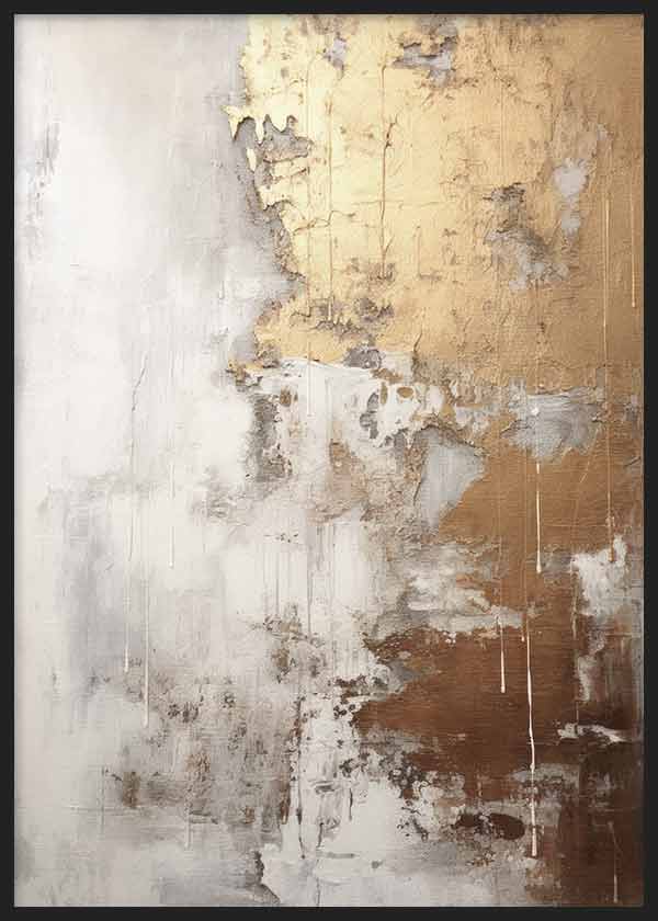 Cuadro con composición abstracta en dorado, beige, blanco roto y marrón, con texturas irregulares, contrastes suaves y estética elegante de estilo abstracto. Disponible en kudeko.com