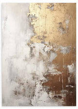 Cuadro con composición abstracta en dorado, beige, blanco roto y marrón, con texturas irregulares, contrastes suaves y estética elegante de estilo abstracto. Disponible en kudeko.com