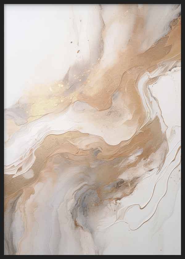 Cuadro con composición abstracta de formas fluidas en beige, arena, blanco roto, gris suave y acentos dorados, de estilo abstracto. Disponible en kudeko.com