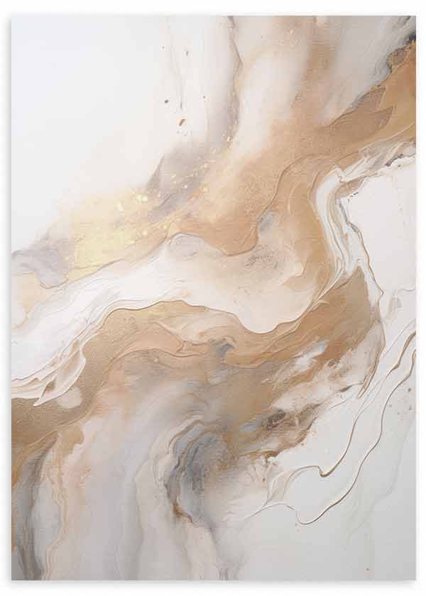 Gerahmtes abstraktes Wandbild mit fließender Komposition in Beige, Sand, Off-White, sanftem Grau und goldenen Akzenten, gestaltet in einem hellen und reduzierten Stil. Erhältlich auf kudeko.com