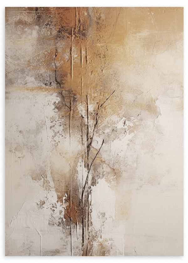 Quadro abstrato em tons de bege, creme, branco sujo e castanho, com faixa central alongada, texturas suaves e estilo abstrato equilibrado para decoração de parede serena. Disponível em kudeko.com