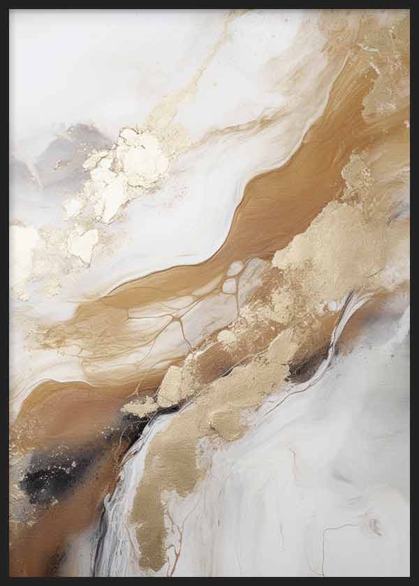Cuadro con composición abstracta en blanco, beige, dorado y acentos oscuros, de formas fluidas y efecto elegante, de estilo abstracto. Disponible en kudeko.com
