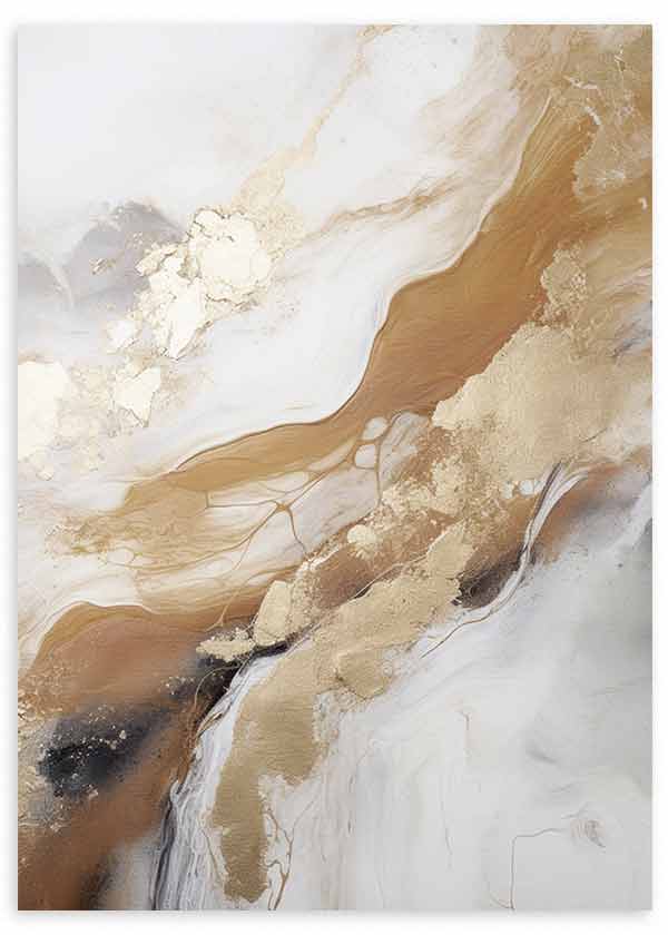 Gerahmtes Wandbild mit abstrakter Komposition in Weiß, Beige, Gold und dunklen Akzenten, mit fließenden Formen und modern reduziertem Stil. Erhältlich auf kudeko.com