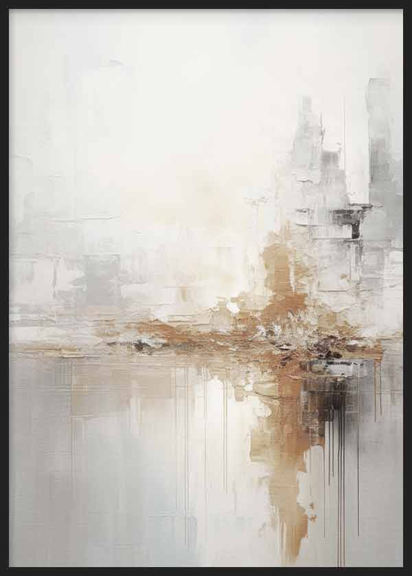 Cuadro con composición abstracta en blanco, gris, beige y dorado envejecido, con formas difusas y reflejos urbanos de estilo abstracto. Disponible en kudeko.com