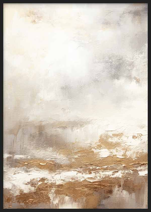 Quadro com composição abstrata em branco pérola, bege, areia e dourado, textura difusa, base marcada e estilo abstrato luminoso para uma decoração de parede serena. Disponível em kudeko.com