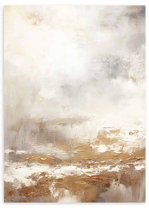 Cuadro con composición abstracta en tonos blanco roto, beige, arena y dorado, con textura difusa y acabado luminoso de estilo abstracto. Disponible en kudeko.com