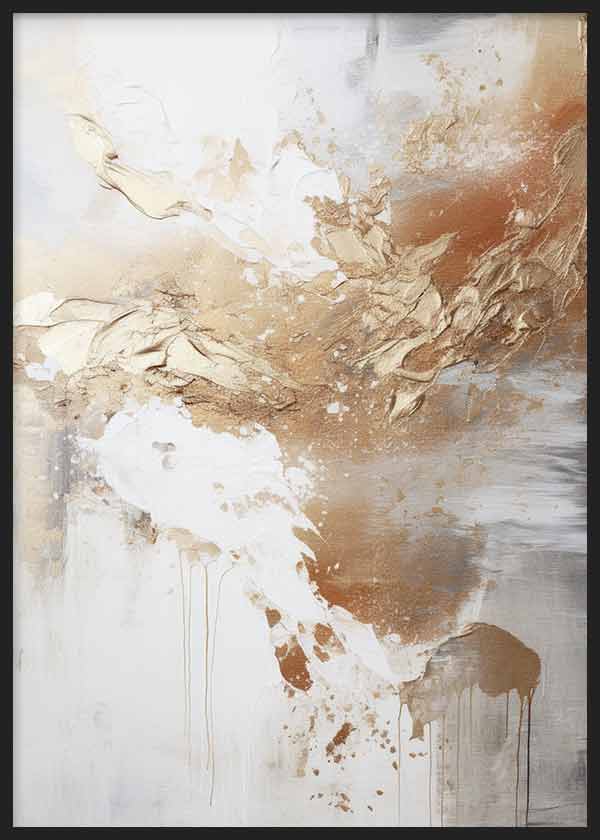 Cuadro con composición abstracta de manchas fluidas en dorado, beige, blanco y gris suave sobre fondo claro, de estilo abstracto. Disponible en kudeko.com