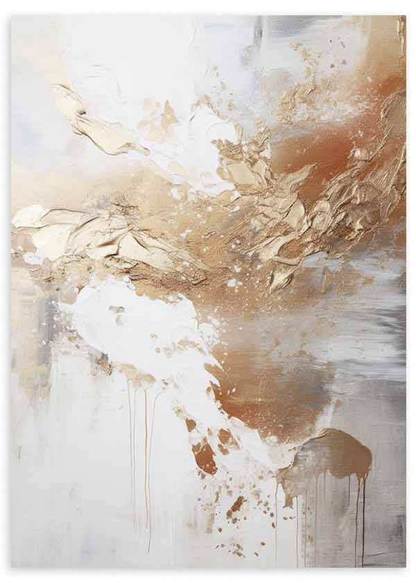 Gerahmtes Wandbild mit abstrakter Komposition aus fließenden Formen in Gold, Beige, Weiß und sanftem Grau auf hellem Hintergrund, im modernen abstrakten Stil. Erhältlich auf kudeko.com