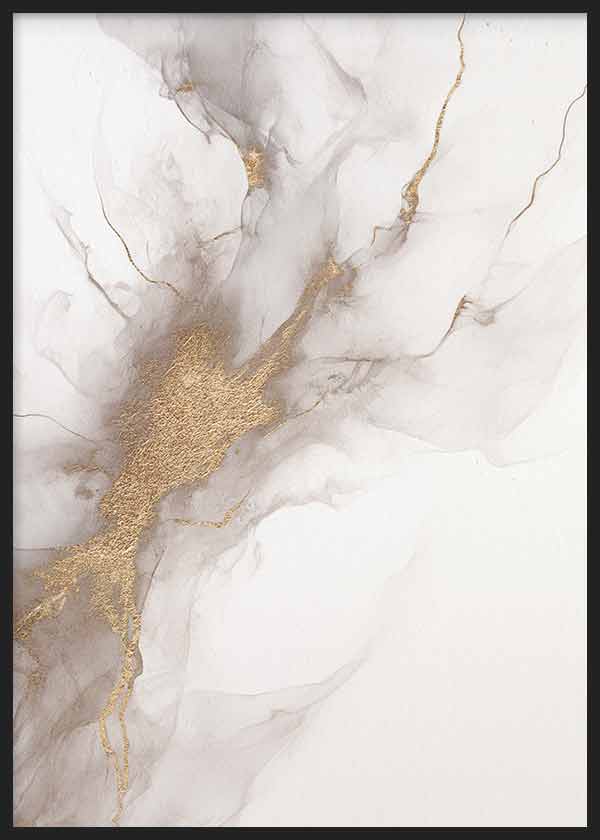 Cuadro de composición abstracta con formas fluidas en blanco roto, gris suave y detalles dorados de apariencia mineral, estilo abstracto. Disponible en kudeko.com