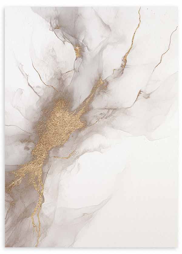 Wandbild mit abstrakter Komposition aus fließenden Formen in Off-White, sanftem Grau und goldenen Details in mineralischer Anmutung, moderner abstrakter Stil als gerahmte Wanddekoration. Erhältlich auf kudeko.com