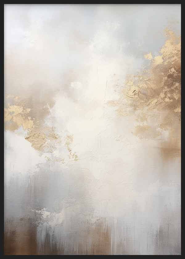 Abstraktes Wandbild mit ätherischer Komposition in Weiß, Beige, Perlgrau und Gold, weichen Texturen, diffusen Formen und heller abstrakter Gestaltung für stilvolle Wanddekoration. Erhältlich auf kudeko.com