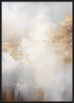 Cuadro abstracto con composición etérea en blanco, beige, gris perla y dorado, con texturas suaves y efecto luminoso elegante de estilo abstracto. Disponible en kudeko.com