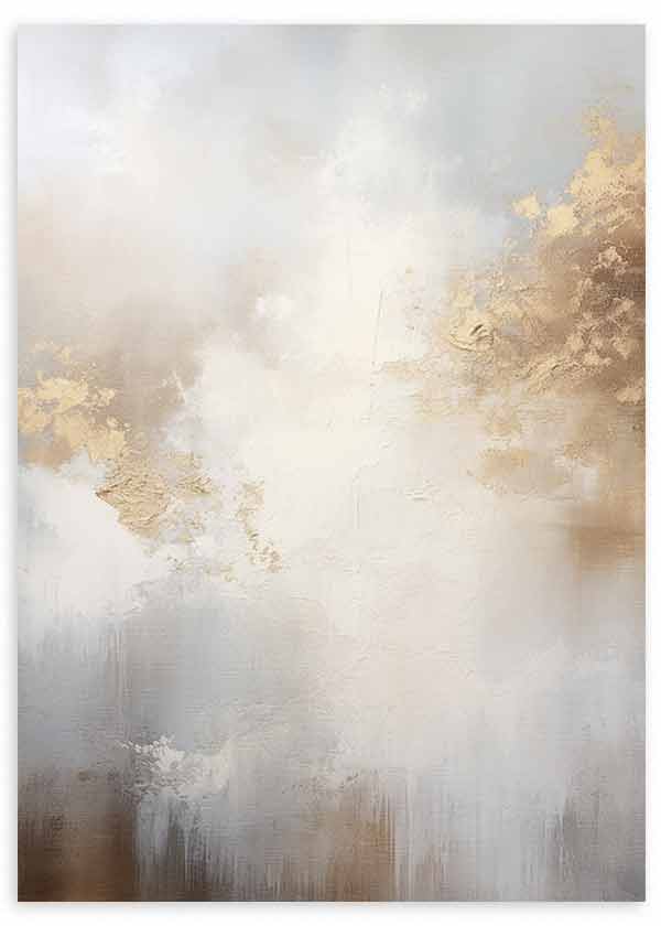Tableau abstrait avec composition éthérée en blanc, beige, gris perle et doré, textures douces, formes diffuses et style abstrait lumineux pour une décoration murale raffinée. Disponible sur kudeko.com