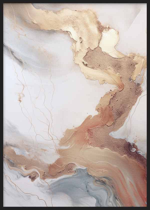 Cuadro con composición abstracta de formas fluidas en tonos blanco roto, beige, dorado, terracota y gris humo, de estilo abstracto. Disponible en kudeko.com