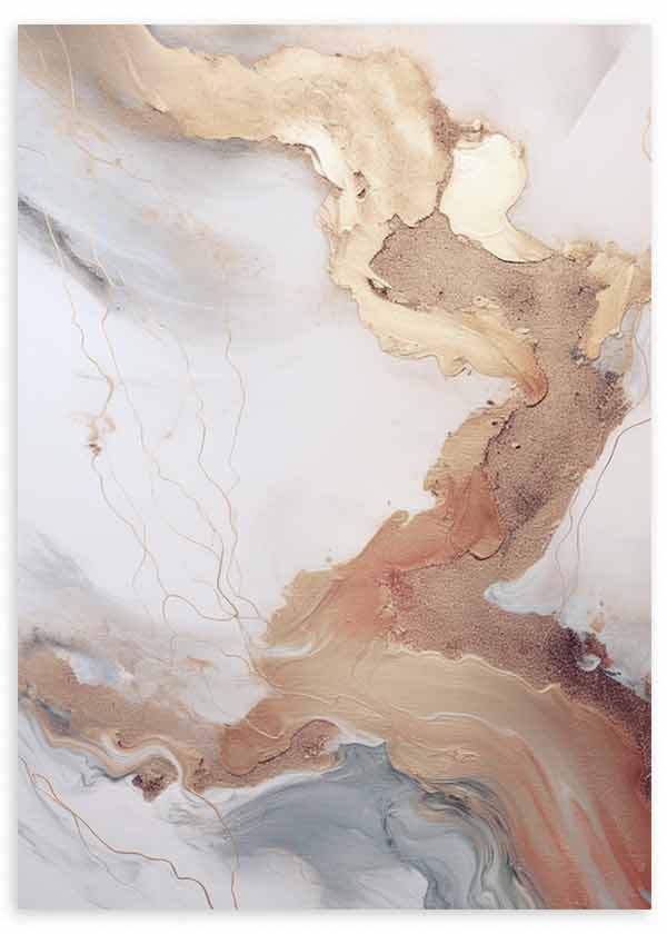 Quadro emoldurado com composição abstrata de formas fluidas em branco pérola, bege, dourado, terracota e cinzento fumo, de estilo mineral e contemporâneo. Disponível em kudeko.com