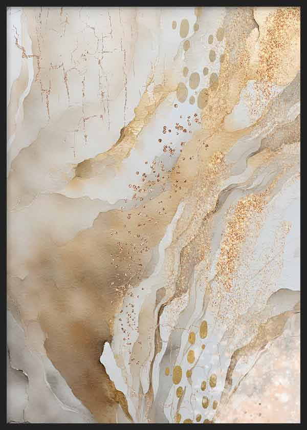 Cuadro de composición abstracta con efecto mármol, vetas fluidas, texturas beige, blanco, arena y detalles dorados luminosos, de estilo abstracto. Disponible en kudeko.com