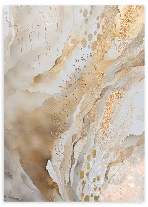 Tableau encadré à composition abstraite effet marbre, avec veines fluides, textures beige, blanc, sable et détails dorés, dans un style abstrait élégant et lumineux. Disponible sur kudeko.com