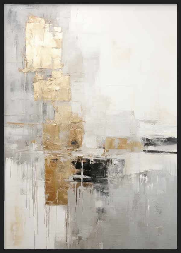 Cuadro con composición abstracta de bloques dorados, grises, beige y negro sobre fondo claro, de estilo abstracto elegante y contemporáneo. Disponible en kudeko.com