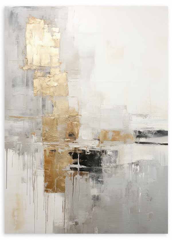 Cuadro con composición abstracta de bloques dorados, grises, beige y negro sobre fondo claro, de estilo abstracto elegante y contemporáneo. Disponible en kudeko.com