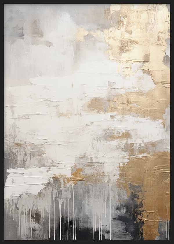 Cuadro abstracto con texturas en blanco, gris, negro y dorado, composición etérea de contraste suave y acabado sofisticado de estilo abstracto. Disponible en kudeko.com