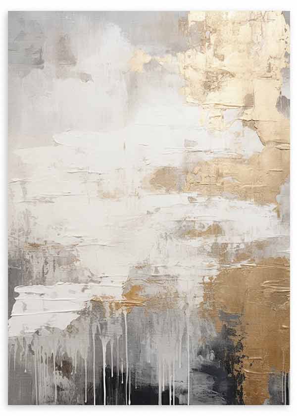 Cuadro abstracto con texturas en blanco, gris, negro y dorado, composición etérea de contraste suave y acabado sofisticado de estilo abstracto. Disponible en kudeko.com