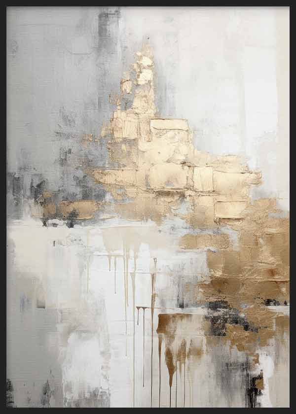 Cuadro con composición abstracta de bloques dorados, beige, blanco y gris humo, con textura suave y contraste elegante de estilo abstracto. Disponible en kudeko.com