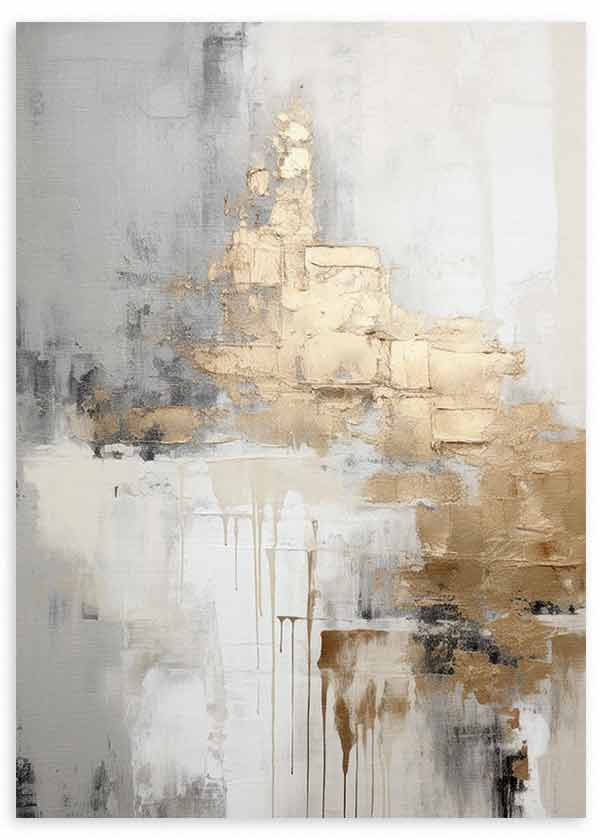 Cuadro con composición abstracta de bloques dorados, beige, blanco y gris humo, con textura suave y contraste elegante de estilo abstracto. Disponible en kudeko.com