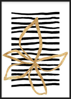 Tableau encadré avec grande fleur dorée au trait simple, bandes noires irrégulières, fond blanc et style minimaliste contemporain. Disponible sur kudeko.com