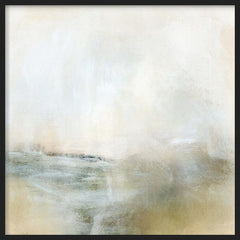 Quadratisches Wandbild mit abstrakter nebliger Landschaft in Beige, Off-White, Grün Grau und zartem Blau, im klaren abstrakten und zeitgenössischen Stil. Erhältlich auf kudeko.com