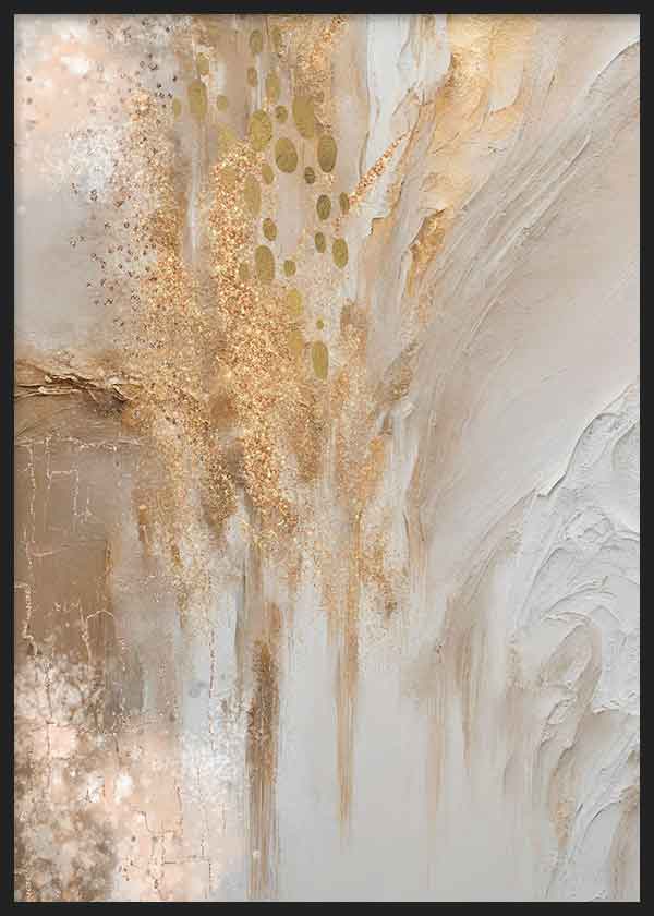 Cuadro de composición abstracta inspirada en mármol con vetas beige, blanco roto, arena y detalles dorados luminosos, de estilo abstracto. Disponible en kudeko.com
