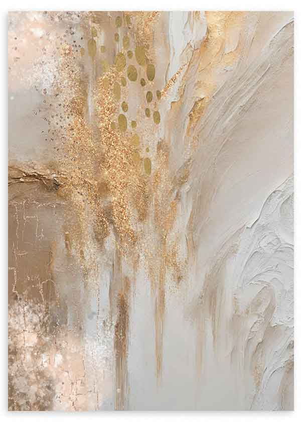 Quadro abstrato inspirado em mármore com veios em bege, branco quebrado e areia, detalhes dourados e estilo contemporâneo equilibrado para parede. Disponível em kudeko.com