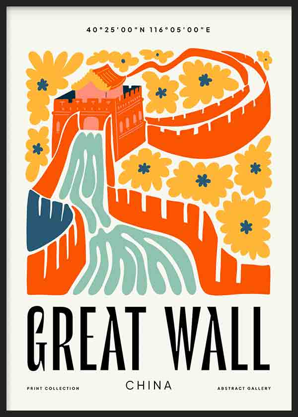 Cuadro con ilustración de la Gran Muralla China en tonos naranja, amarillo, verde agua y azul, con flores decorativas y composición gráfica vibrante. Disponible en kudeko.com