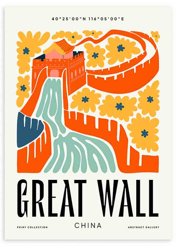 Cuadro con ilustración de la Gran Muralla China en tonos naranja, amarillo, verde agua y azul, con flores decorativas y composición gráfica vibrante. Disponible en kudeko.com