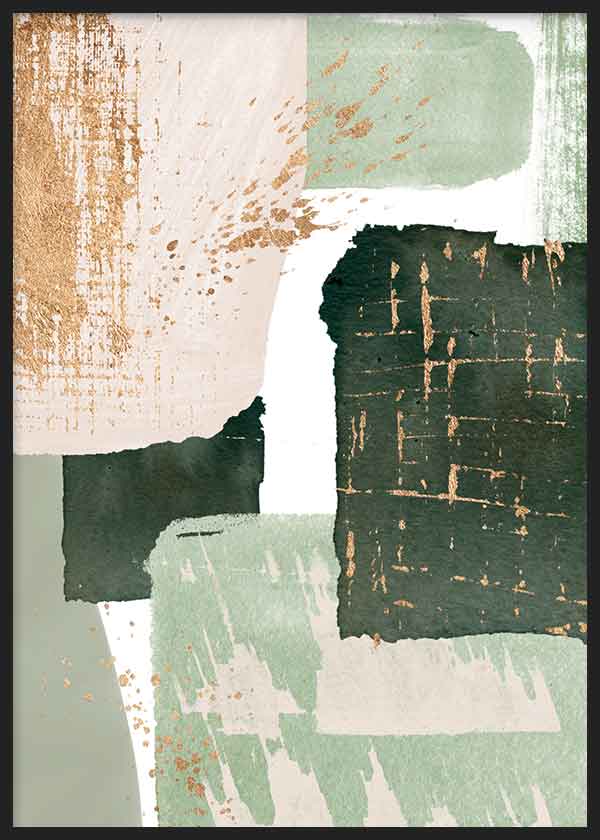 Quadro com composição abstrata de blocos sobrepostos em verde sálvia, verde escuro, bege, branco e detalhes dourados texturados, de estilo contemporâneo equilibrado. Disponível em kudeko.com