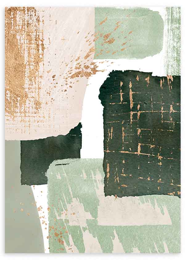 Cuadro con composición abstracta de bloques en verde salvia, verde oscuro, beige, blanco y detalles dorados texturizados, de estilo abstracto. Disponible en kudeko.com