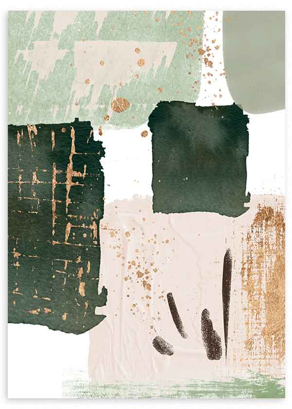 Cuadro con composición abstracta de bloques verdes, beige claro, blanco roto, detalles dorados y trazos negros en estilo abstracto. Disponible en kudeko.com