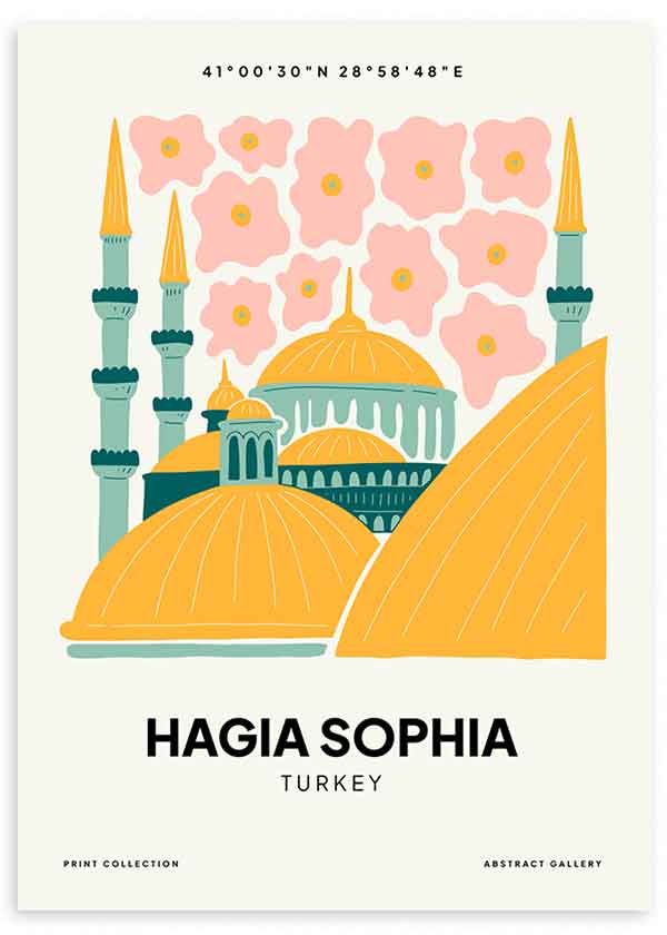 Cuadro de Hagia Sophia con cúpulas doradas, minaretes verde azulado, flores rosas y composición arquitectónica de estilo ilustración. Disponible en kudeko.com