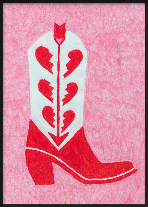 Wandbild mit rotem und weißem Cowboystiefel, gebrochenen Herzen, zentralem Pfeil, rosa Strukturhintergrund und dekorativem Illustrationsstil für moderne Räume. Erhältlich auf kudeko.com
