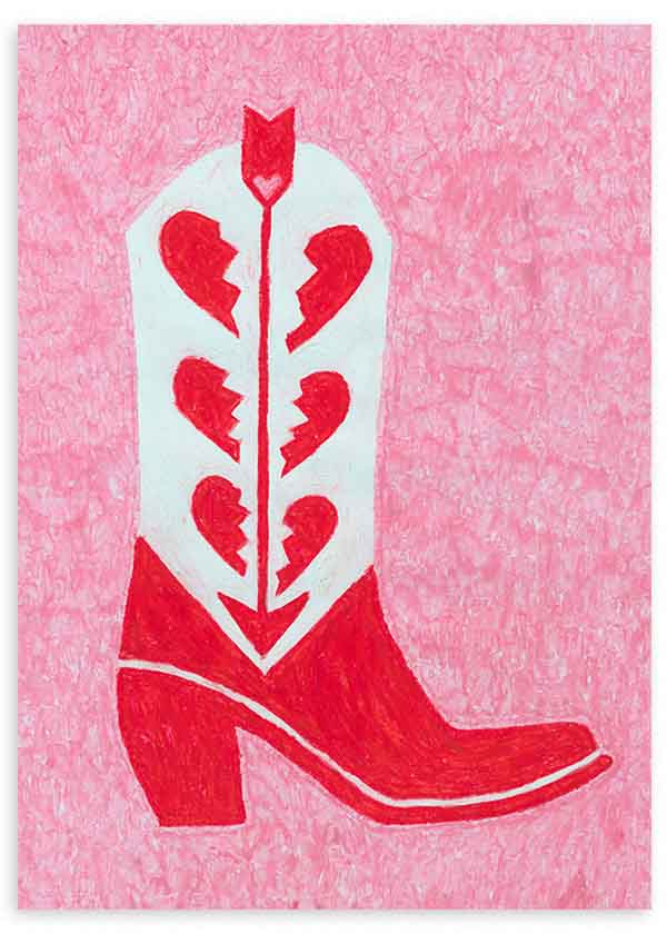 Cuadro ilustración de bota western roja con corazones rotos sobre fondo rosado, tienda kudeko.com