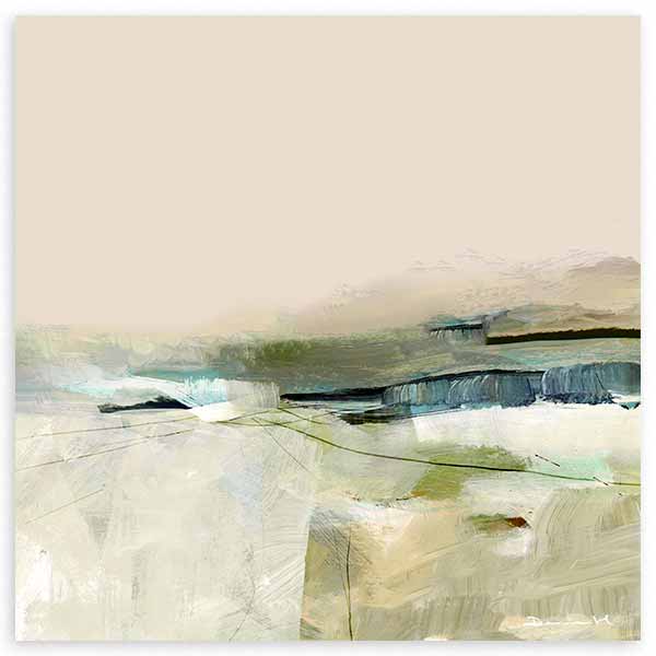 Cuadro cuadrado con paisaje abstracto de horizonte brumoso, campos suaves en beige, blanco roto, verde oliva y azul grisáceo, composición serena y luminosa. Disponible en kudeko.com