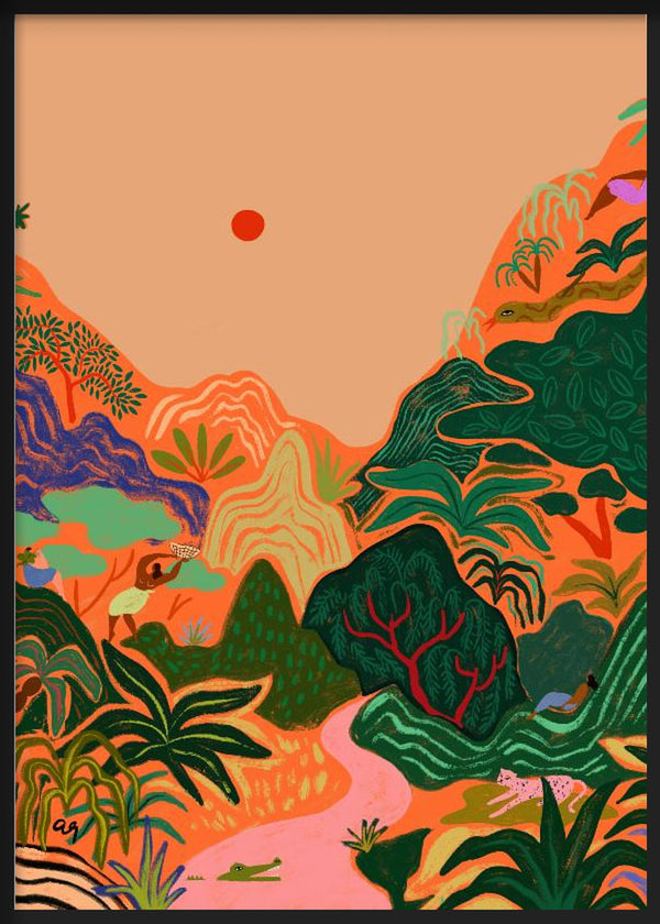 Cuadro ilustración de paisaje vibrante con vegetación y sol anaranjado, tienda kudeko.com