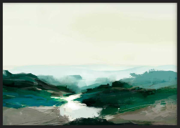Horizontales Wandbild mit diffuser Hügellandschaft, hellem geschwungenem Fluss, lichtem Himmel sowie Blaugrün, Weiß und Grau im Stil Natur und Landschaft. Erhältlich auf kudeko.com