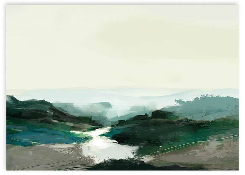 Horizontales Wandbild mit diffuser Hügellandschaft, hellem geschwungenem Fluss, lichtem Himmel sowie Blaugrün, Weiß und Grau im Stil Natur und Landschaft. Erhältlich auf kudeko.com