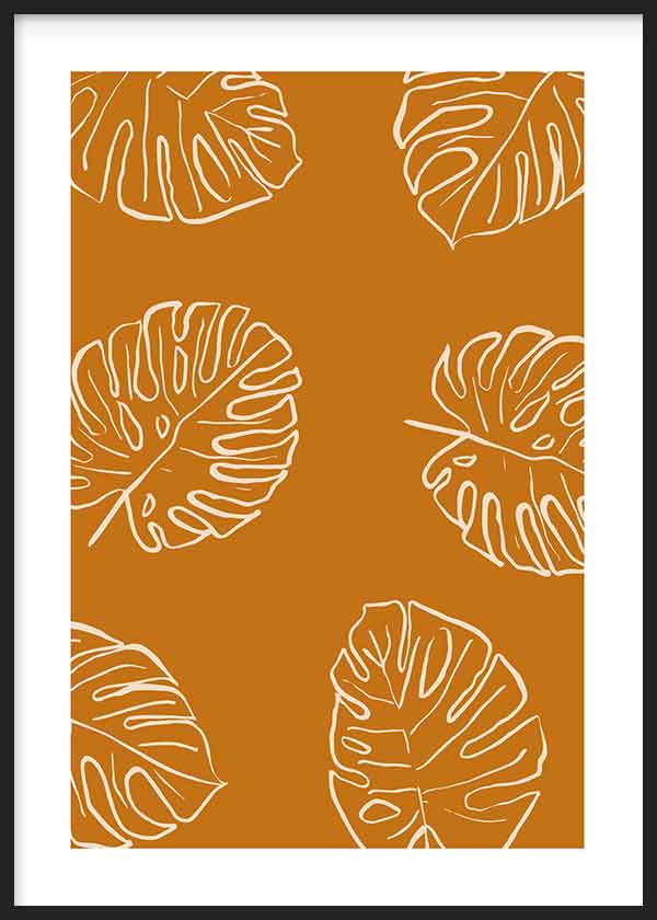 Cuadro con hojas tropicales monstera en contornos blancos sobre fondo terracota cálido, composición botánica limpia de estilo minimalista. Disponible en kudeko.com