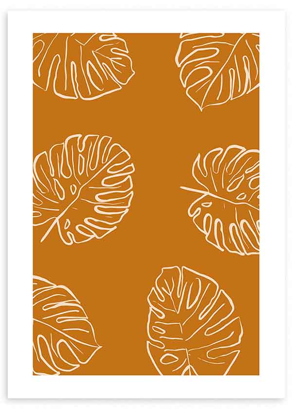 Cuadro con hojas tropicales monstera en contornos blancos sobre fondo terracota cálido, composición botánica limpia de estilo minimalista. Disponible en kudeko.com